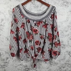No Boundaries Blouse Womens XXL Black Floral Striped Off Shoulder Tie Front Boho